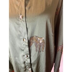 Jon & Anna Olive Green Satin Leopard Print Button Down Blouse Long Sleeve Shirt